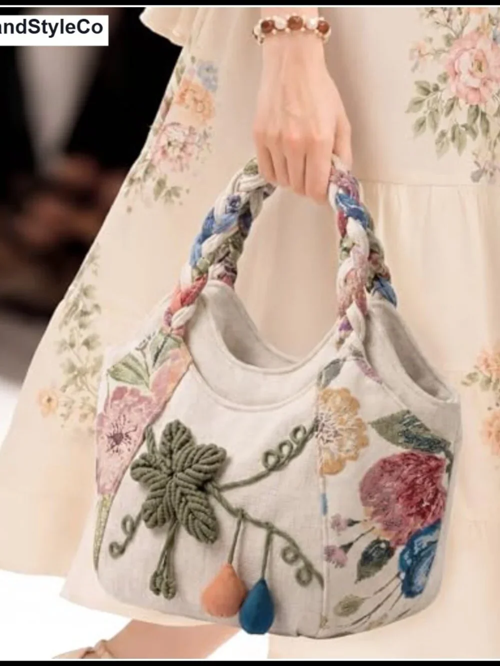 Vintage Embroidered Cotton Canvas Tote Bag with Multi Pockets, Hand Strap,